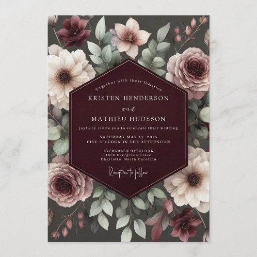 Burgundy Brocade Floral Wedding 招待状 (正面)