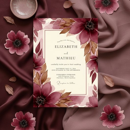 Burgundy Brushstroke Bloom Wedding 招待状