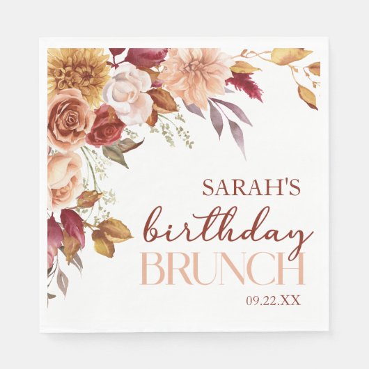 Burgundy Burnt Orange Floral Birthday Party Brunch スタンダードランチョンナプキン (正面)