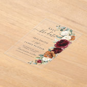 Burgundy Burnt Orange Floral Wedding Save the Date アクリル招待状 (レイダウン)