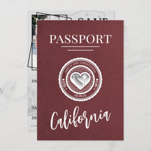 Burgundy California Passport日付の保存 セーブザデート (正面/裏面)