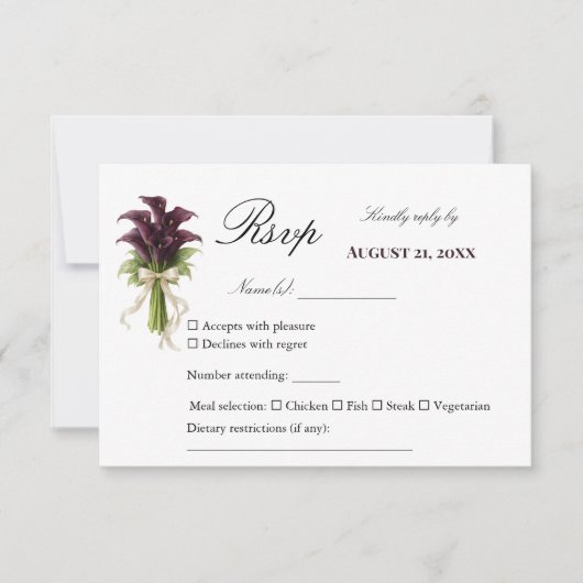 Burgundy Calla Lily Wedding Bouquet Ivory Ribbon  出欠カード (正面)