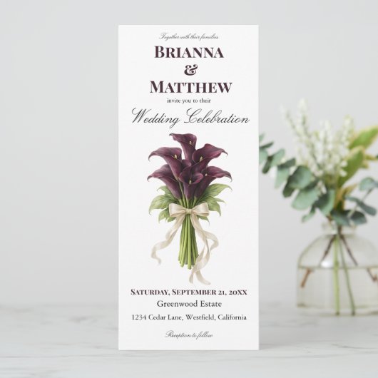 Burgundy Calla Lily Wedding Bouquet Ivory Ribbon  招待状 (スタンド正面)