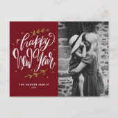 Burgundy Calligraphy and Wreath New Year Photo シーズンポストカード (正面)