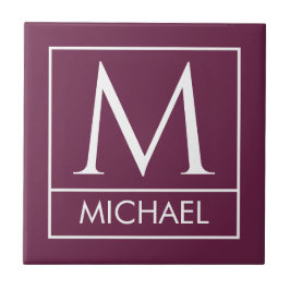 Burgundy Ceramic Tile with Custom Initial & Name タイル