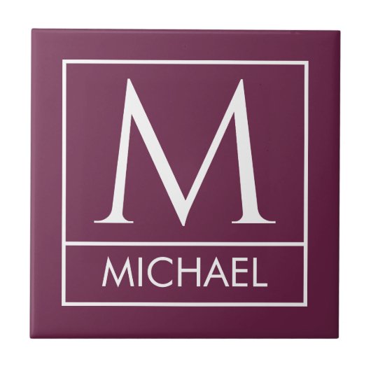 Burgundy Ceramic Tile with Custom Initial & Name タイル (正面)