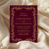 Burgundy Champagne Hand Drawn Floral Frame Wedding 招待状