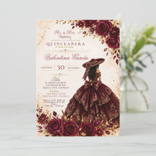 Burgundy Charra Quinceañera Invitation 招待状 (スタンド正面)
