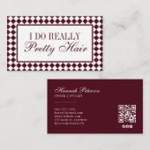 Burgundy Checkered Old Money Hair Stylist QR Code 名刺 (正面/裏面)