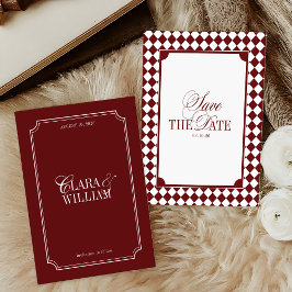 Burgundy Checkered Old Money Wedding Save The Date セーブザデート