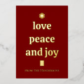 Burgundy Christmas Tree Minimalist Love Peace Joy 箔シーズンカード (正面)
