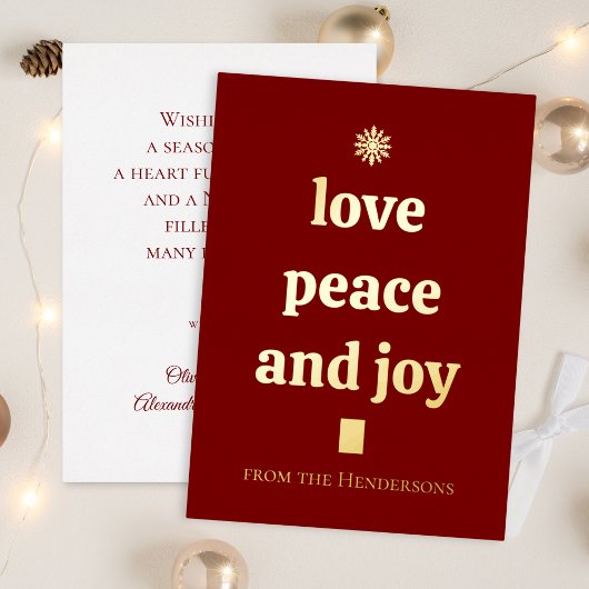 Burgundy Christmas Tree Minimalist Love Peace Joy 箔シーズンカード
