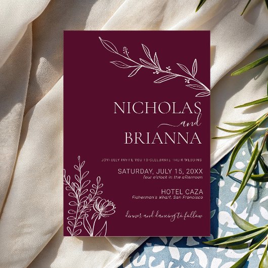 Burgundy Classic Minimalist Modern Boho Wedding 招待状