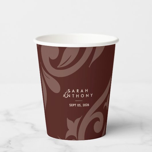 Burgundy Classic Script Luxe Damask Wedding 紙コップ (裏面)