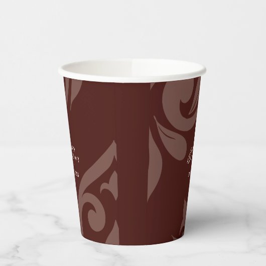 Burgundy Classic Script Luxe Damask Wedding 紙コップ (左)
