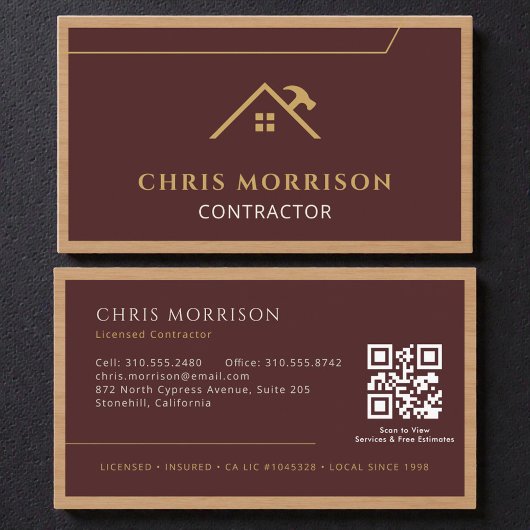 Burgundy Construction Professional Wood QR Code 名刺