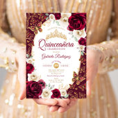 Burgundy Cream Gold Floral Chic Quinceanera 招待状