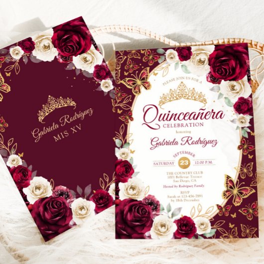 Burgundy Cream Gold Floral Chic Quinceanera 招待状