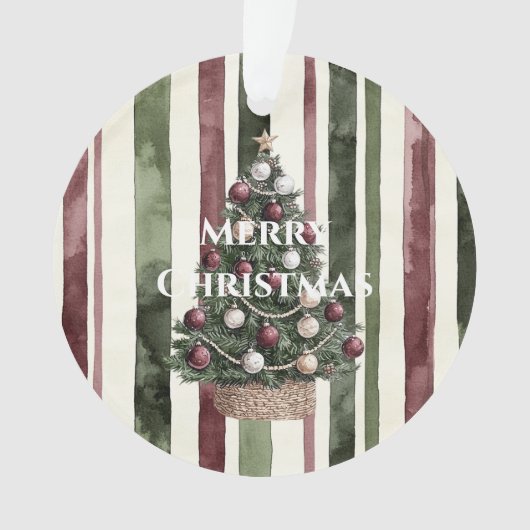 Burgundy Cream Pine Green Stripes Christmas Tree オーナメント (正面)