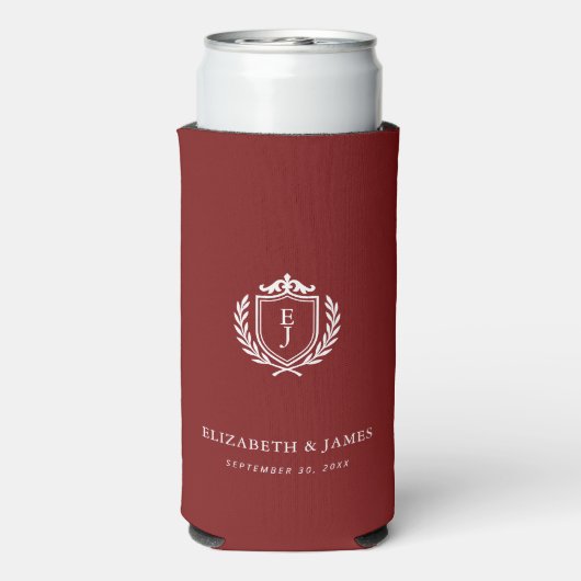 Burgundy Crest Wedding Custom Initials スリム缶クーラー (Seltzer裏面)