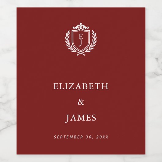 Burgundy Crest Wedding Custom Initials ワインラベル (シングルラベル)