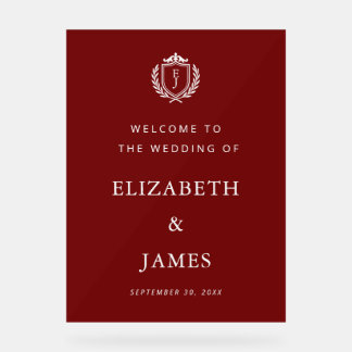 Burgundy Crest Wedding Welcome, Custom Initials アクリルサイン