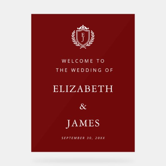 Burgundy Crest Wedding Welcome, Custom Initials アクリルサイン (正面)
