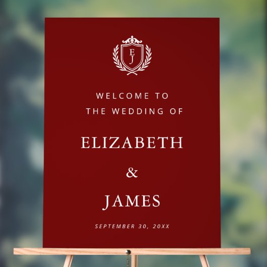 Burgundy Crest Wedding Welcome, Custom Initials アクリルサイン (ニュートラル)