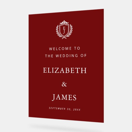 Burgundy Crest Wedding Welcome, Custom Initials アクリルサイン (傾斜)