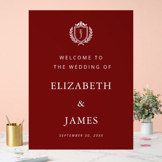 Burgundy Crest Wedding Welcome, Custom Initials アクリルサイン (ウェディング)