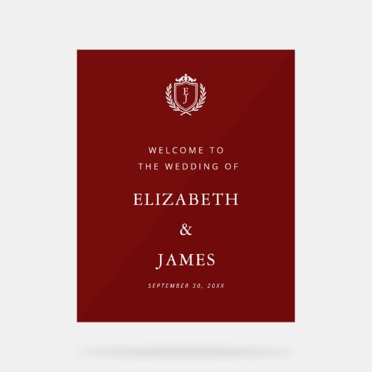 Burgundy Crest Wedding Welcome, Custom Initials アクリルサイン (正面)