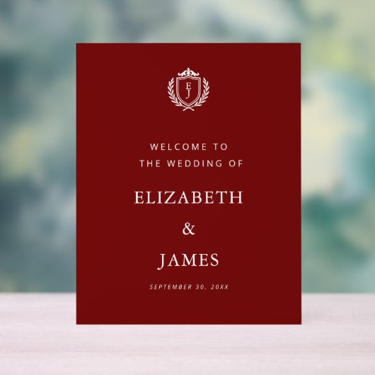 Burgundy Crest Wedding Welcome, Custom Initials アクリルサイン (ニュートラル)