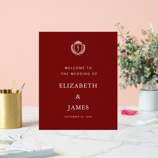 Burgundy Crest Wedding Welcome, Custom Initials アクリルサイン (ウェディング)