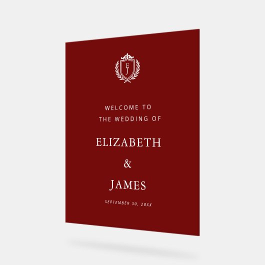 Burgundy Crest Wedding Welcome, Custom Initials アクリルサイン (傾斜)