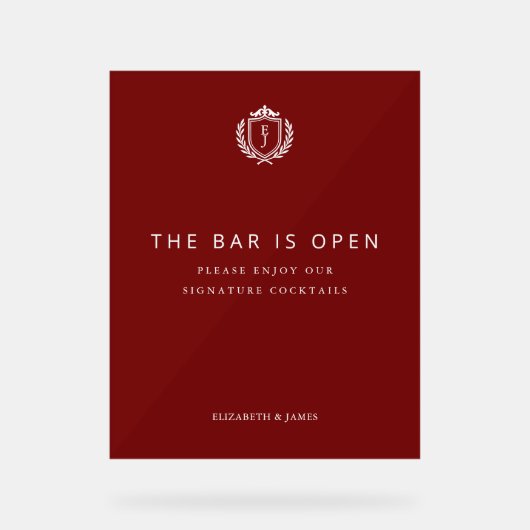 Burgundy Crest Wedding Welcome, Custom Initials アクリルサイン (正面)
