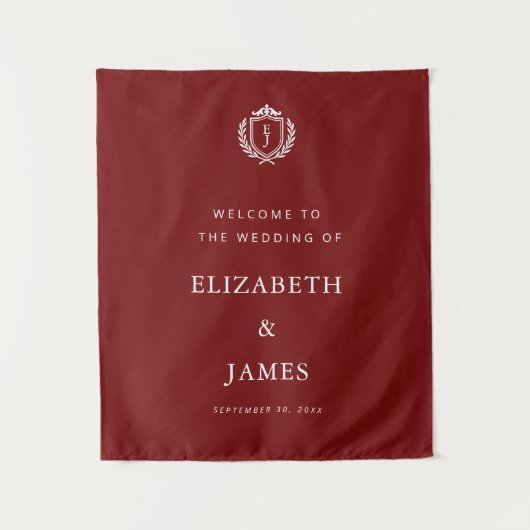 Burgundy Crest Wedding Welcome, Custom Initials タペストリー (正面)