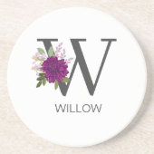 Burgundy Dahlia Floral Alphabet Letter Monogram   コースター (正面)