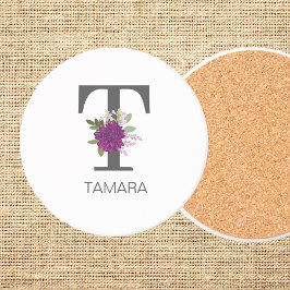 Burgundy Dahlia Floral Alphabet Letter Monogram   コースター