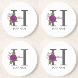 Burgundy Dahlia Floral Alphabet Letter Monogram   コースター