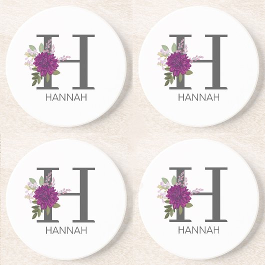 Burgundy Dahlia Floral Alphabet Letter Monogram   コースター