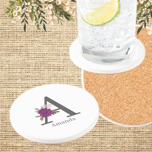 Burgundy Dahlia Floral Alphabet Letter Monogram  コースター