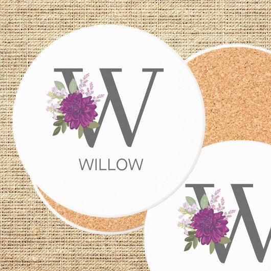 Burgundy Dahlia Floral Alphabet Letter Monogram   コースター