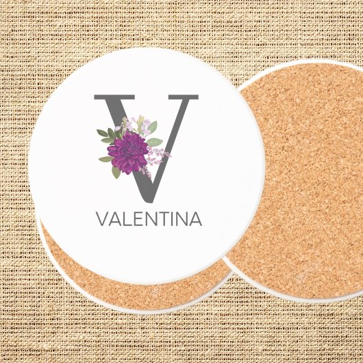 Burgundy Dahlia Floral Alphabet Letter Monogram   コースター