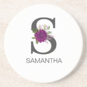 Burgundy Dahlia Floral Alphabet Letter Monogram   コースター (正面)
