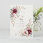 Burgundy Dahlia Pink Rose Gold Frame Wedding 招待状 (スタンド正面)