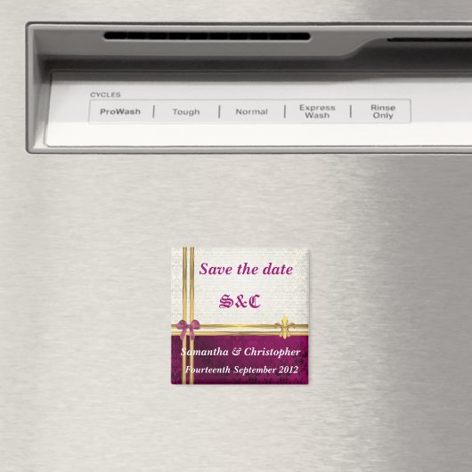 Burgundy damaskと金ゴールドリボンは日付を保存 マグネット (インサイチュ (食洗機))