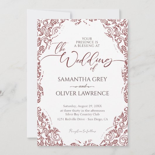 Burgundy Damask Frame Wedding Invitation 招待状 (正面)