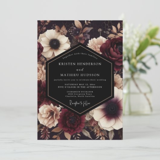 Burgundy Dark Floral Nocturne Wedding 招待状 (スタンド正面)