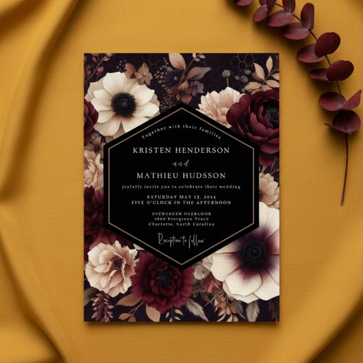 Burgundy Dark Floral Nocturne Wedding 招待状