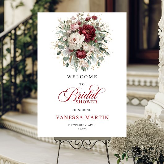 Burgundy Deep Red Floral Bridal Shower Welcome ポスター